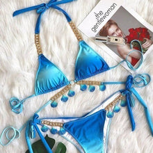 Load image into Gallery viewer, Callie Ombre Cloud: Seashell Rhinestone Scrunch Butt Blue Aqua Bikini
