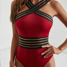 Load image into Gallery viewer, Xena Red Mesh Stripe Plus Size Criss Cross Padded One-piece Swimsuit XXL
