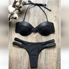 Load image into Gallery viewer, Xena Single Again: Black Tulle Vegan Leather Accent Celebration 3PC Bikini Large
