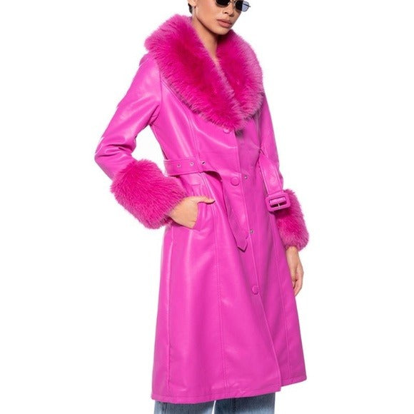 Stasia Land: Faux Fur Pink Vegan Leather Coat L