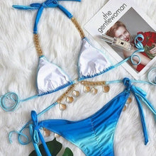 Load image into Gallery viewer, Callie Ombre Cloud: Seashell Rhinestone Scrunch Butt Blue Aqua Bikini
