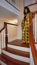 Load and play video in Gallery viewer, Callie Berry: Sunshine Yellow Puff Sleeve Plaid Oversized Blazer Palazzo Suit
