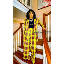 Load image into Gallery viewer, Callie Berry: Sunshine Yellow Puff Sleeve Plaid Oversized Blazer Palazzo Suit
