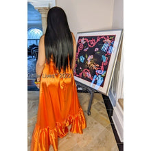 Load image into Gallery viewer, Callie Shining: Boho Chic Orange Satin Loose Ruffle Hem Cami Strap Maxi Sundress
