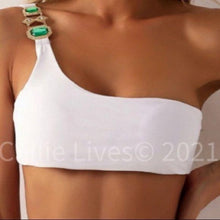 Load image into Gallery viewer, Callie Emerald: Rhinestone Gold Chain White Bikini
