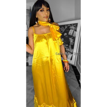 Load image into Gallery viewer, Callie Shining: Boho Chic Yellow Satin Loose Ruffle Hem Cami Strap Maxi Sundress
