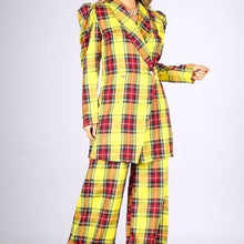 Load image into Gallery viewer, Callie Berry: Sunshine Yellow Puff Sleeve Plaid Oversized Blazer Palazzo Suit
