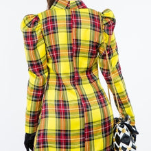 Load image into Gallery viewer, Callie Berry: Sunshine Yellow Puff Sleeve Plaid Oversized Blazer Dress
