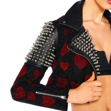 Load image into Gallery viewer, Xena Love Me Long Time: Rhinestone Hearts  Spiked Stud Vegan Leather Moto Jacket
