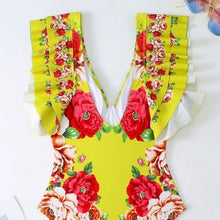 Ladda upp bild till gallerivisning, Chartreuse  Carnation Floral Ruffle Cap Sleeve Retro Swimsuit
