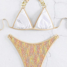 Charger l&#39;image dans la galerie, Callie Sequin Sexy: Gold Sparkling Halter-neck Chain Link Triangle Bikini
