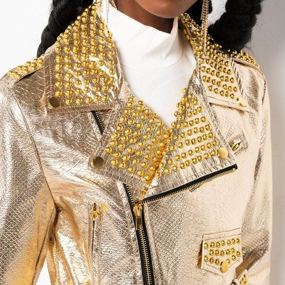 Wholesale Stasia Cropped & Gilded: Gold Studded Moto Jacket 2 Pack L XL