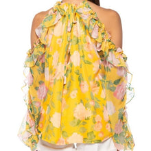 Load image into Gallery viewer, Callie Cold Shoulder Yellow Fever Floral Bouquet Blouse  L
