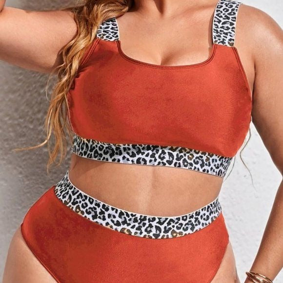 Callie Wild Blaze: Burnt Orange Plus Size Padded Leopard  Print Bikini