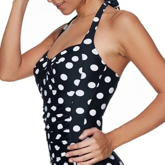 Elaine Retro Mod: Polka Dot Plus Size halter Padded Romper Shorts Swimsuit XXL