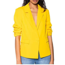 Load image into Gallery viewer, Callie Lives Elaine in the Sun AKIRA Spring Forward Relaxed Fit Yellow Blazer 1X
