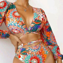 Load image into Gallery viewer, Callie Gypsy Sleeve: Multicolor Paisley Padded Plunge V-Neck Wrap Around Bikini
