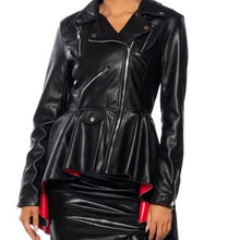 Lade das Bild in den Galerie-Viewer, Xena Color Me Bad: Black High Low Peplum Moto Jacket Large
