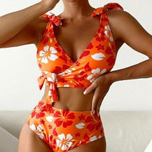 Load image into Gallery viewer, Stasia Retro Orange: Plus Size Hibiscus Shoulder Tie High Waist Bikini XXL
