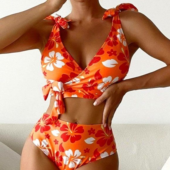 Stasia Retro Orange: Plus Size Hibiscus Shoulder Tie High Waist Bikini XXL