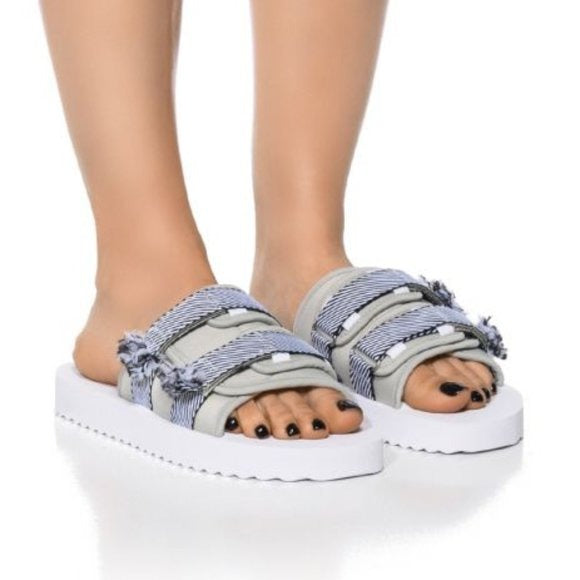 Miz Demi Denim & Rubber Velcro Slide Sandals 6