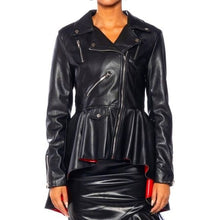 Load image into Gallery viewer, Xena Color Me Bad: Black High Low Peplum Moto Jacket Large
