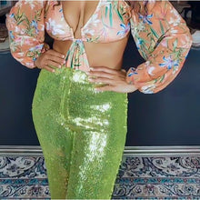 Lade das Bild in den Galerie-Viewer, Callie Sparkling Lime Sequin Green Palazzo Pants Plus Size 2X
