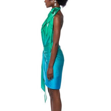 Load image into Gallery viewer, Callie Date Flow: Satin Ombre Blue Green Halter Wrap Front Dress Large
