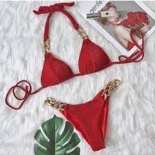 Lade das Bild in den Galerie-Viewer, Callie Cuban Link: Pave Crystal Gold Chain Red Chevron Ribbed Bikini Swimsuit
