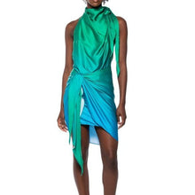 Cargar imagen en el visor de la galería, Callie Date Flow: Satin Ombre Blue Green Halter Wrap Front Dress Large
