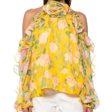 Load image into Gallery viewer, Callie Cold Shoulder Yellow Fever Floral Bouquet Blouse  L
