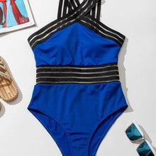 Lade das Bild in den Galerie-Viewer, Elaine Blue Mesh Stripe Plus Size Criss Cross Padded One-piece Swimsuit XXL
