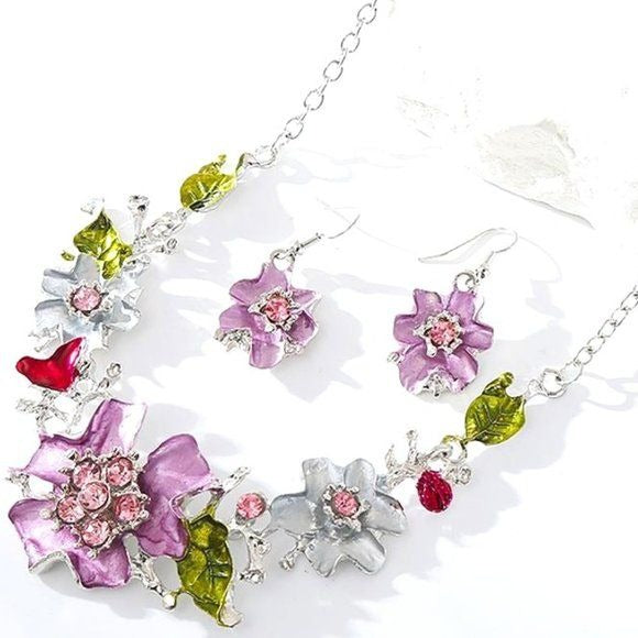 Wholesale Purple Painted Rhinestone Alloy Flower Earrings and Necklace Set 3 Pack