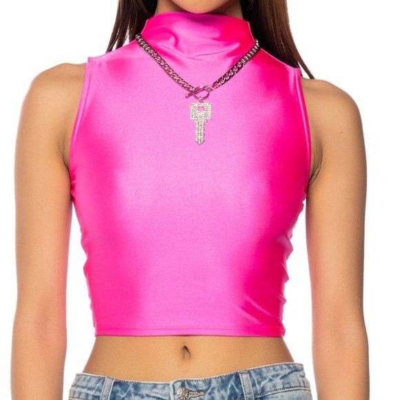 Stasia Neon: Pink Crop Sleeveless Biker Bodycon Tee