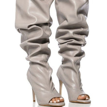 Load image into Gallery viewer, Miz Peep the Slouch: Gray Open Toe Vegan Leather thigh high Bootie
