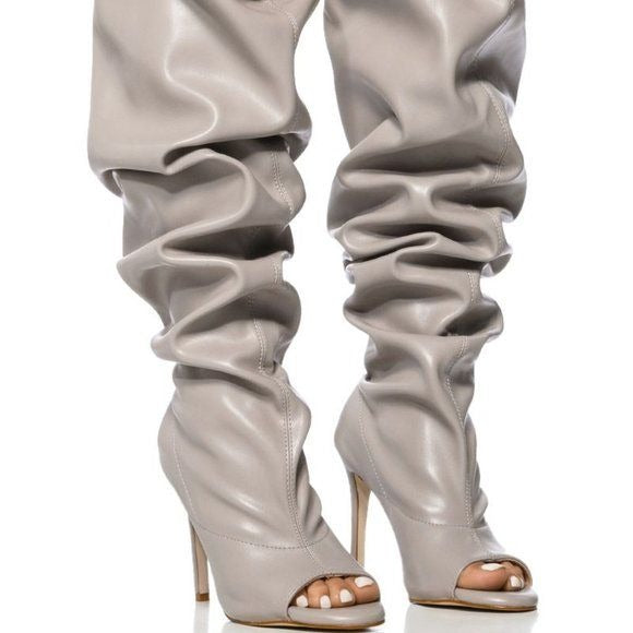 Miz Peep the Slouch: Gray Open Toe Vegan Leather thigh high Bootie