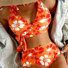 Cargar imagen en el visor de la galería, Stasia Retro Orange: Plus Size Hibiscus Shoulder Tie High Waist Bikini XXL
