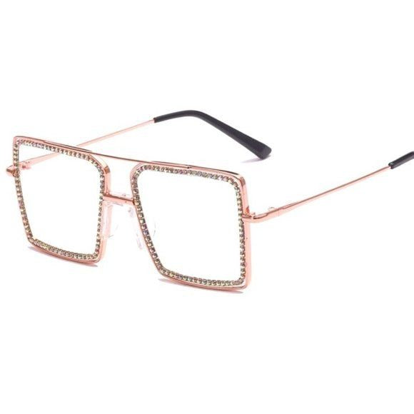 Callie Bling Squared: Rose & Classic Gold Frame Rhinestone Clear Fashion Glasses