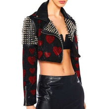 Load image into Gallery viewer, Xena Love Me Long Time: Rhinestone Hearts  Spiked Stud Vegan Leather Moto Jacket
