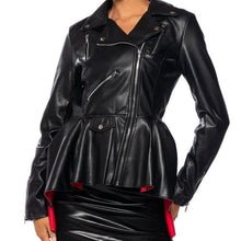 Cargar imagen en el visor de la galería, Xena Color Me Bad: Black High Low Peplum Moto Jacket Large
