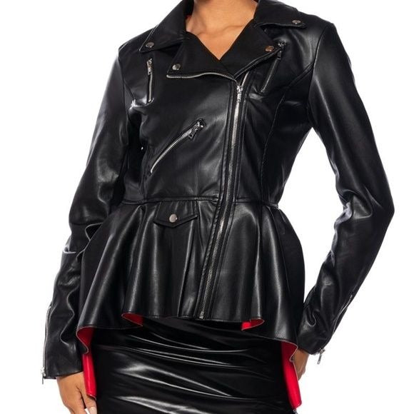 Xena Color Me Bad: Black High Low Peplum Moto Jacket Large