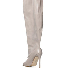 Load image into Gallery viewer, Miz Peep the Slouch: Gray Open Toe Vegan Leather thigh high Bootie

