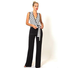 Lade das Bild in den Galerie-Viewer, Wholesale Elaine Deep Straits: Plunging Stripe Black Sash Flared Jumpsuit 2 Pack Med Large
