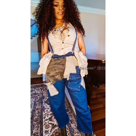 Callie Trifecta: Mixed Denim Khaki Camo Cargo Harem Jeans