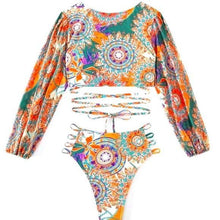 Charger l&#39;image dans la galerie, Callie Gypsy Sleeve: Multicolor Paisley Padded Plunge V-Neck Wrap Around Bikini
