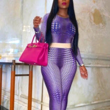 Lade das Bild in den Galerie-Viewer, Wholesale Stasia Skewed: Purple Dotted Illusion Bodycon Crop Top &amp; Pant Set 2 Pack S M
