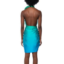 Load image into Gallery viewer, Callie Date Flow: Satin Ombre Blue Green Halter Wrap Front Dress Large
