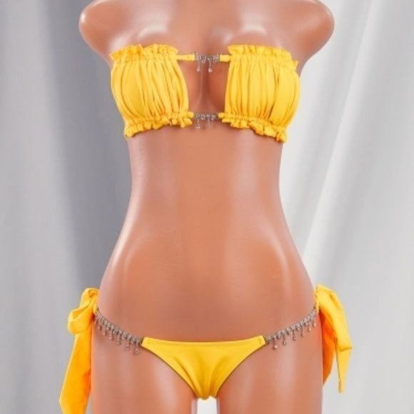 Stasia Booblicious Bold Yellow Dangling Rhinestone Charm String Bikini