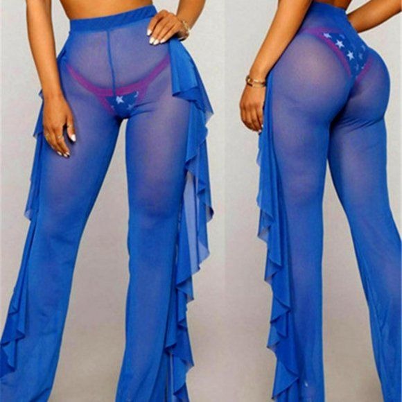 Miz Blue: See Through Me Mesh Ruffle Beach Coverup Sheer Pants