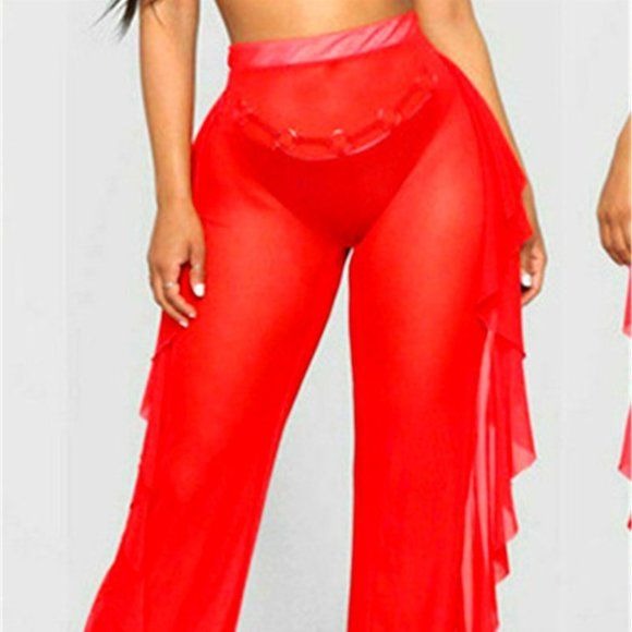 Xena Red: See Through Me Mesh Ruffle Beach Coverup Sheer Pants